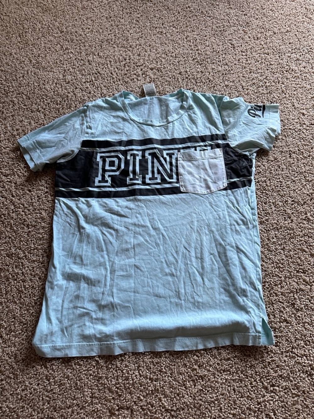 PINK Victoria's Secret Light Blue Black Graphic Pocket Tee